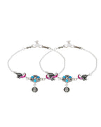 Jewels Nest Peacock Blossom Silver Anklet With Turquoise Enamel And Artistic Danglers