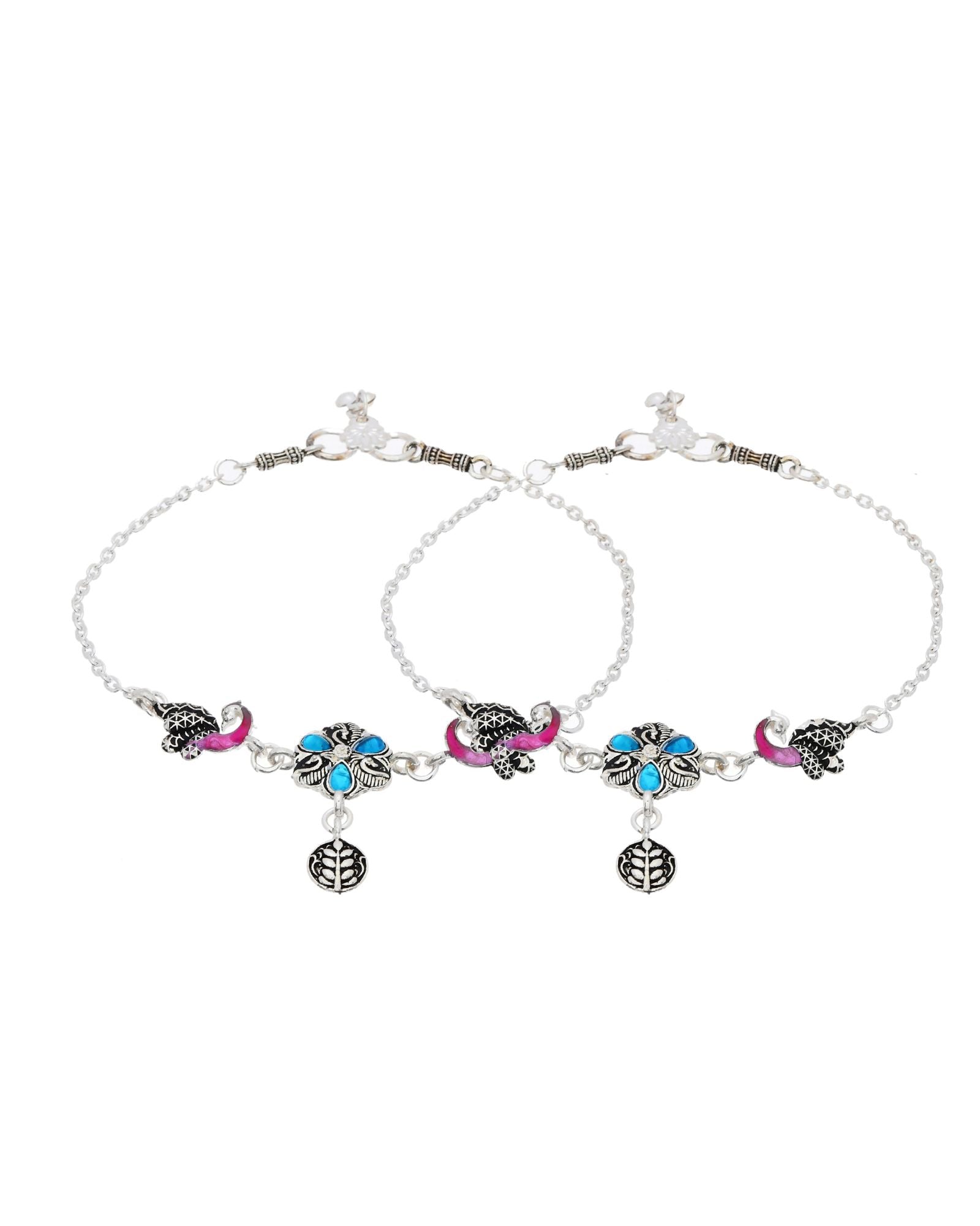 Jewels Nest Peacock Blossom Silver Anklet With Turquoise Enamel And Artistic Danglers