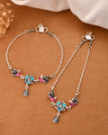 Jewels Nest Peacock Blossom Silver Anklet With Turquoise Enamel And Artistic Danglers