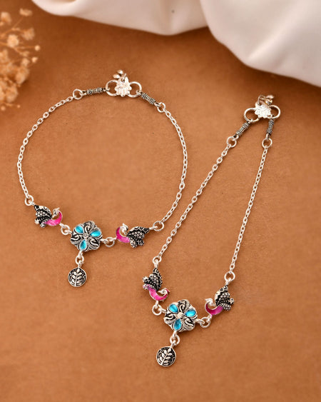Jewels Nest Peacock Blossom Silver Anklet With Turquoise Enamel And Artistic Danglers