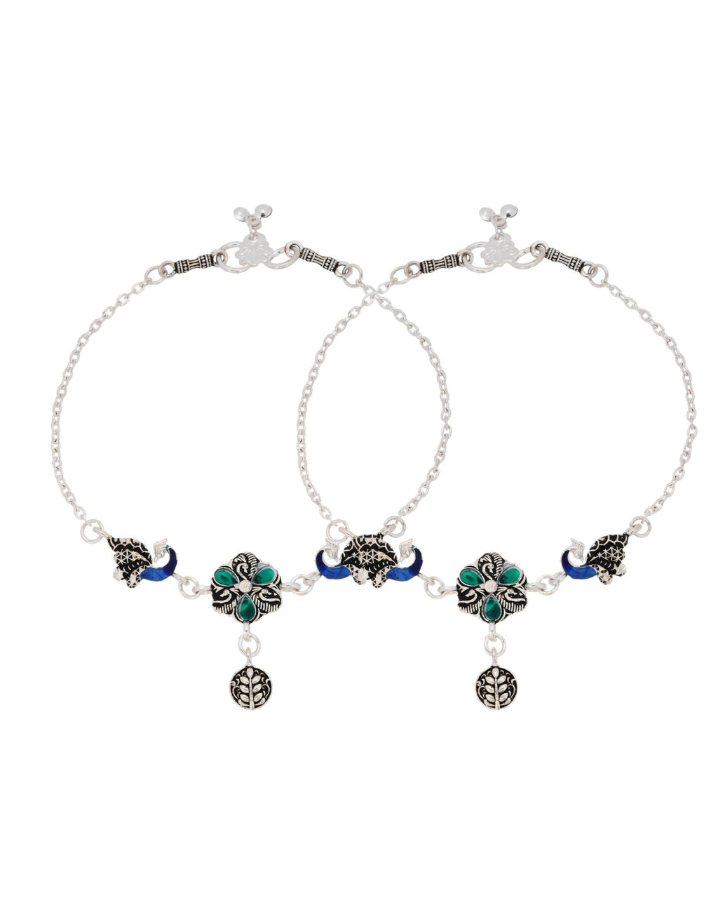 Jewels Nest Royal Peacock Charm Silver Anklet With Emerald Floral Centre And Leaf Drop