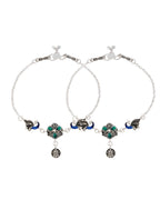 Jewels Nest Royal Peacock Charm Silver Anklet With Emerald Floral Centre And Leaf Drop