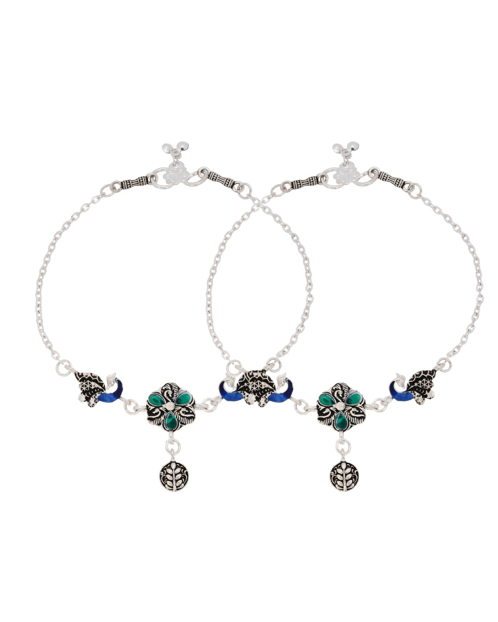 Jewels Nest Royal Peacock Charm Silver Anklet With Emerald Floral Centre And Leaf Drop