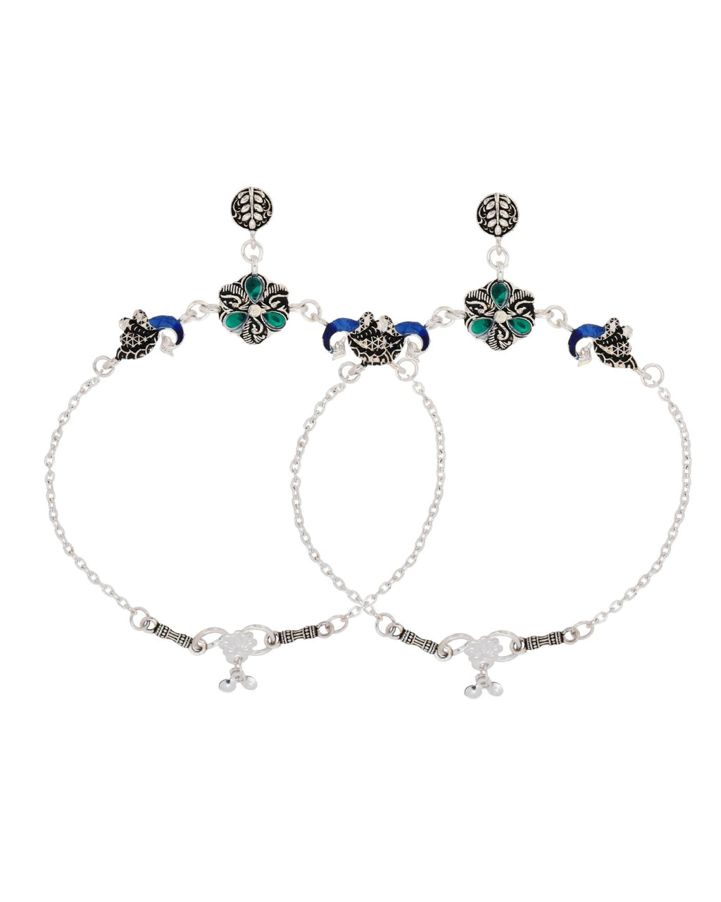 Jewels Nest Royal Peacock Charm Silver Anklet With Emerald Floral Centre And Leaf Drop