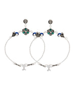 Jewels Nest Royal Peacock Charm Silver Anklet With Emerald Floral Centre And Leaf Drop