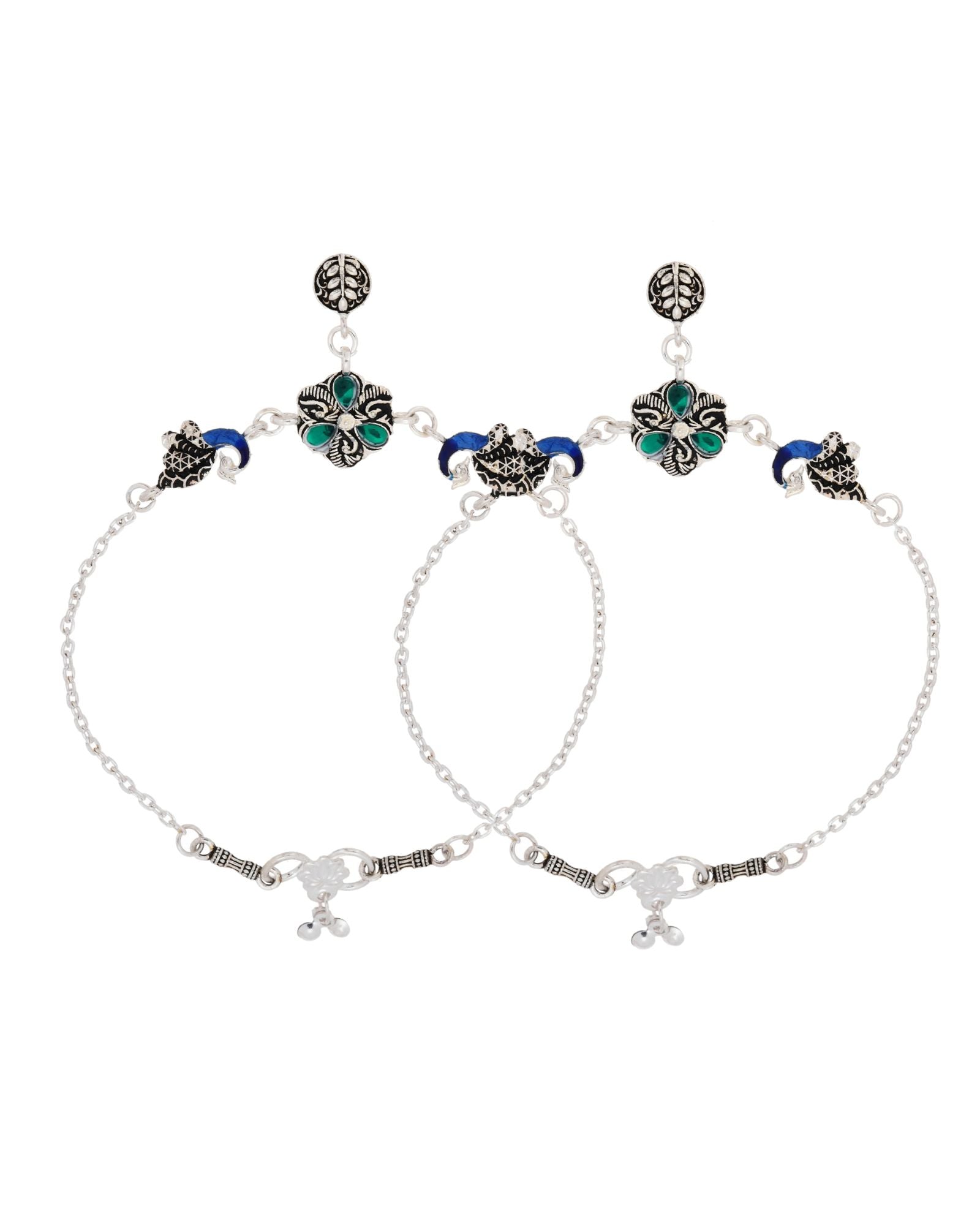 Jewels Nest Royal Peacock Charm Silver Anklet With Emerald Floral Centre And Leaf Drop