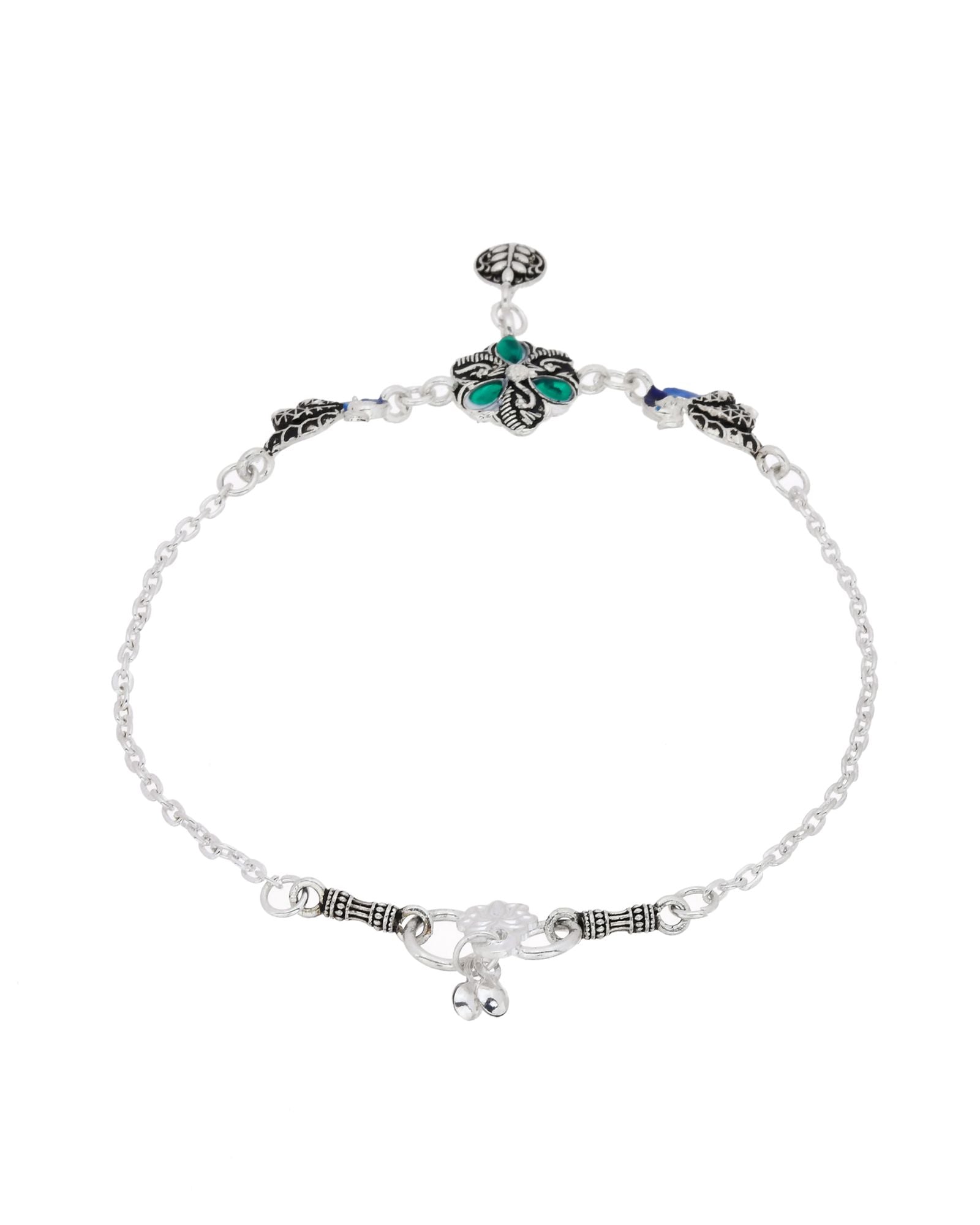 Jewels Nest Royal Peacock Charm Silver Anklet With Emerald Floral Centre And Leaf Drop