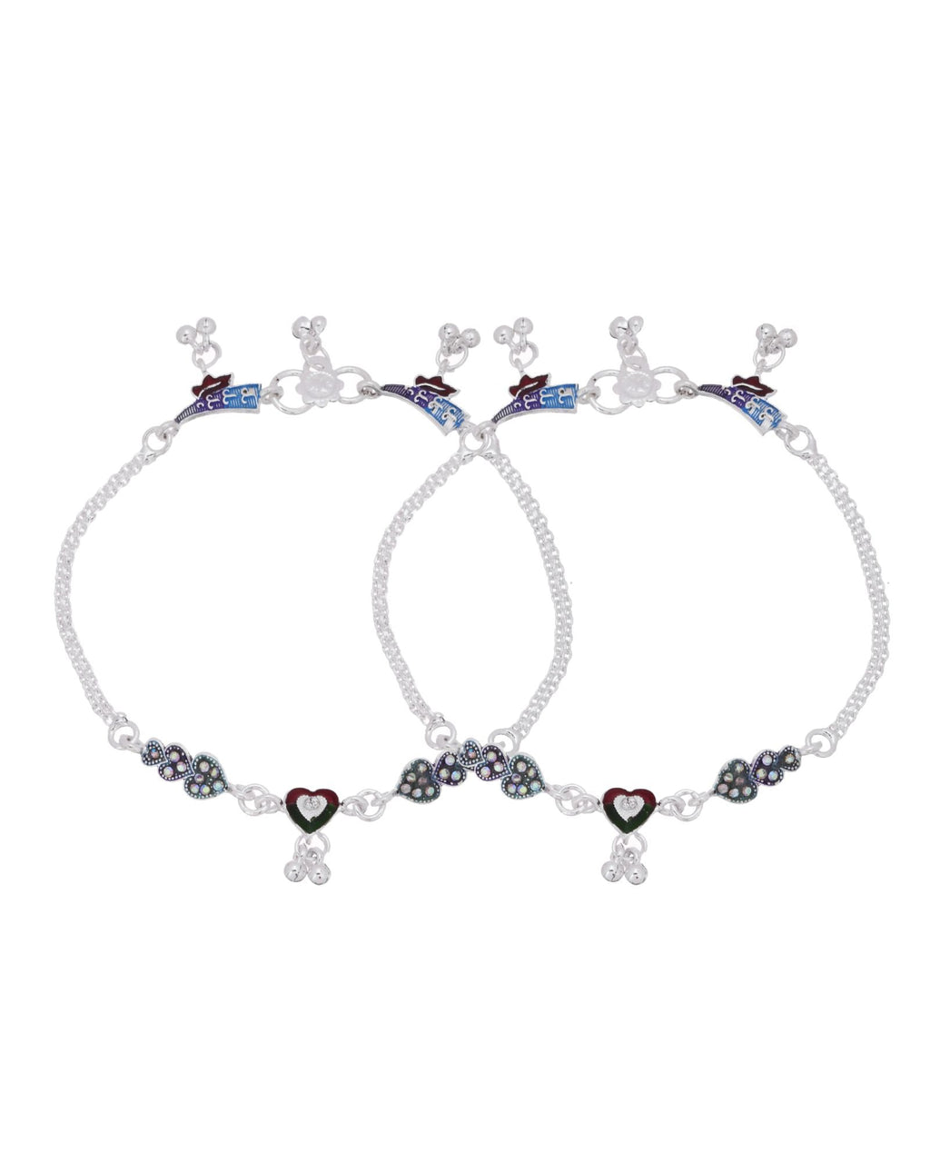 Jewels Nest Eternal Heart Silver Anklet With Multicolour Enamel Motifs And Bell Drop Detail