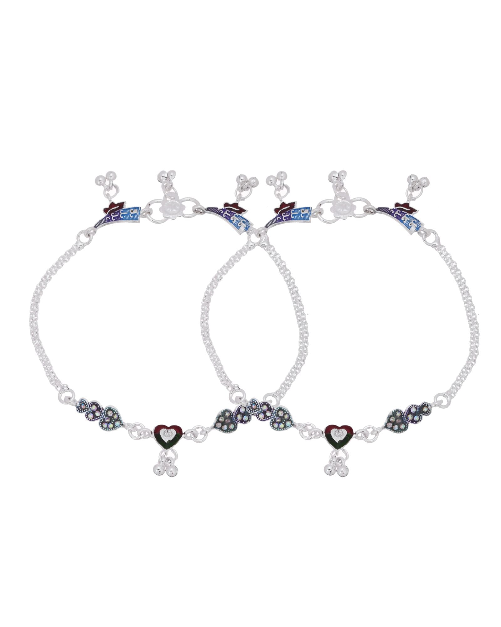 Jewels Nest Eternal Heart Silver Anklet With Multicolour Enamel Motifs And Bell Drop Detail