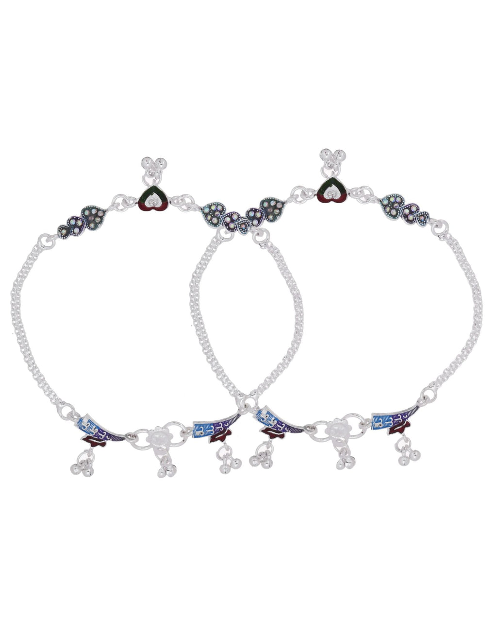 Jewels Nest Eternal Heart Silver Anklet With Multicolour Enamel Motifs And Bell Drop Detail