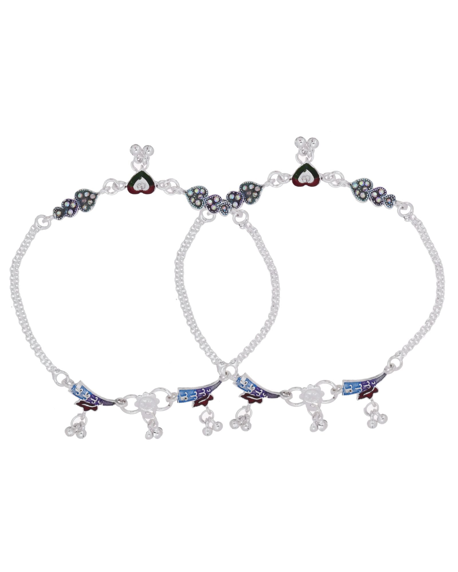 Jewels Nest Eternal Heart Silver Anklet With Multicolour Enamel Motifs And Bell Drop Detail