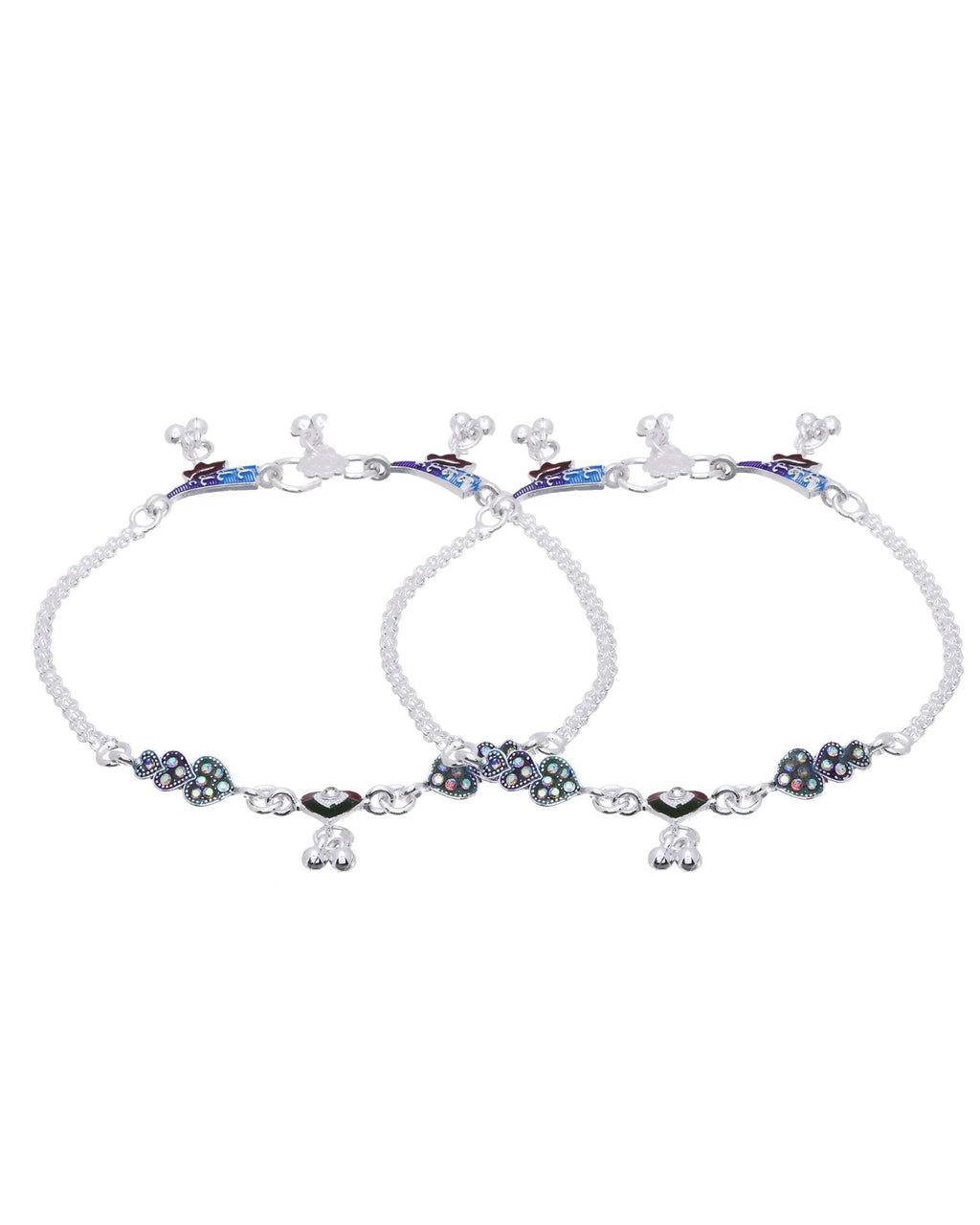 Jewels Nest Eternal Heart Silver Anklet With Multicolour Enamel Motifs And Bell Drop Detail