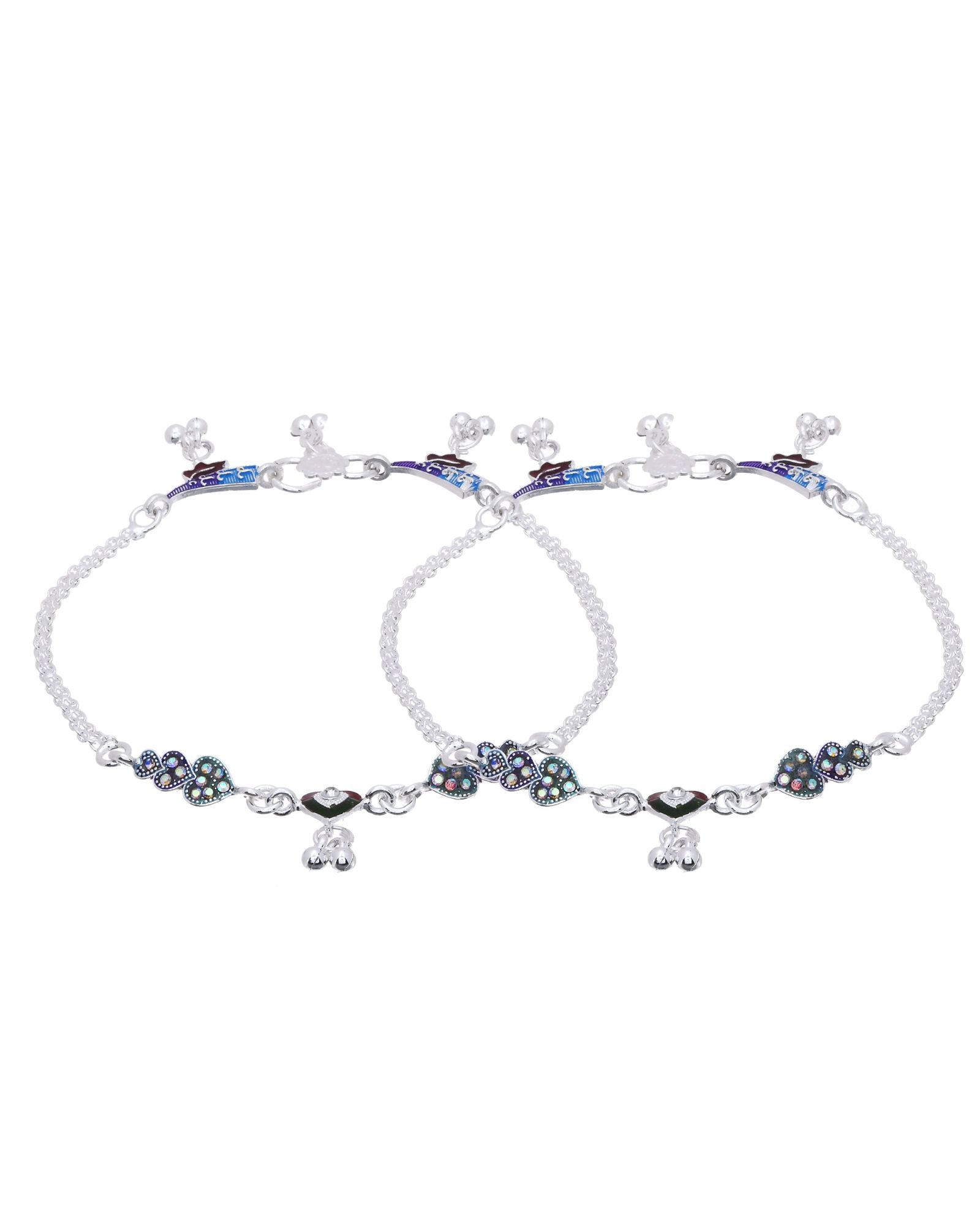 Jewels Nest Eternal Heart Silver Anklet With Multicolour Enamel Motifs And Bell Drop Detail