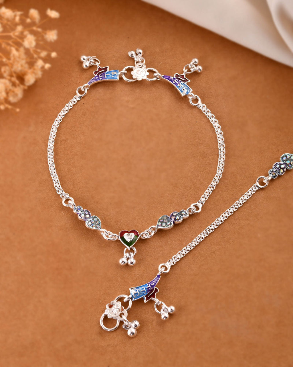 Jewels Nest Eternal Heart Silver Anklet With Multicolour Enamel Motifs And Bell Drop Detail