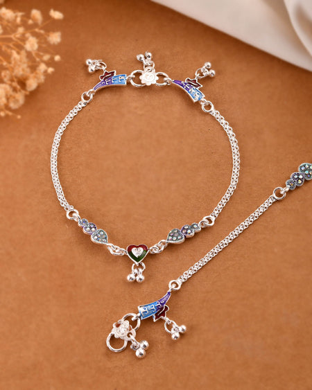 Jewels Nest Eternal Heart Silver Anklet With Multicolour Enamel Motifs And Bell Drop Detail