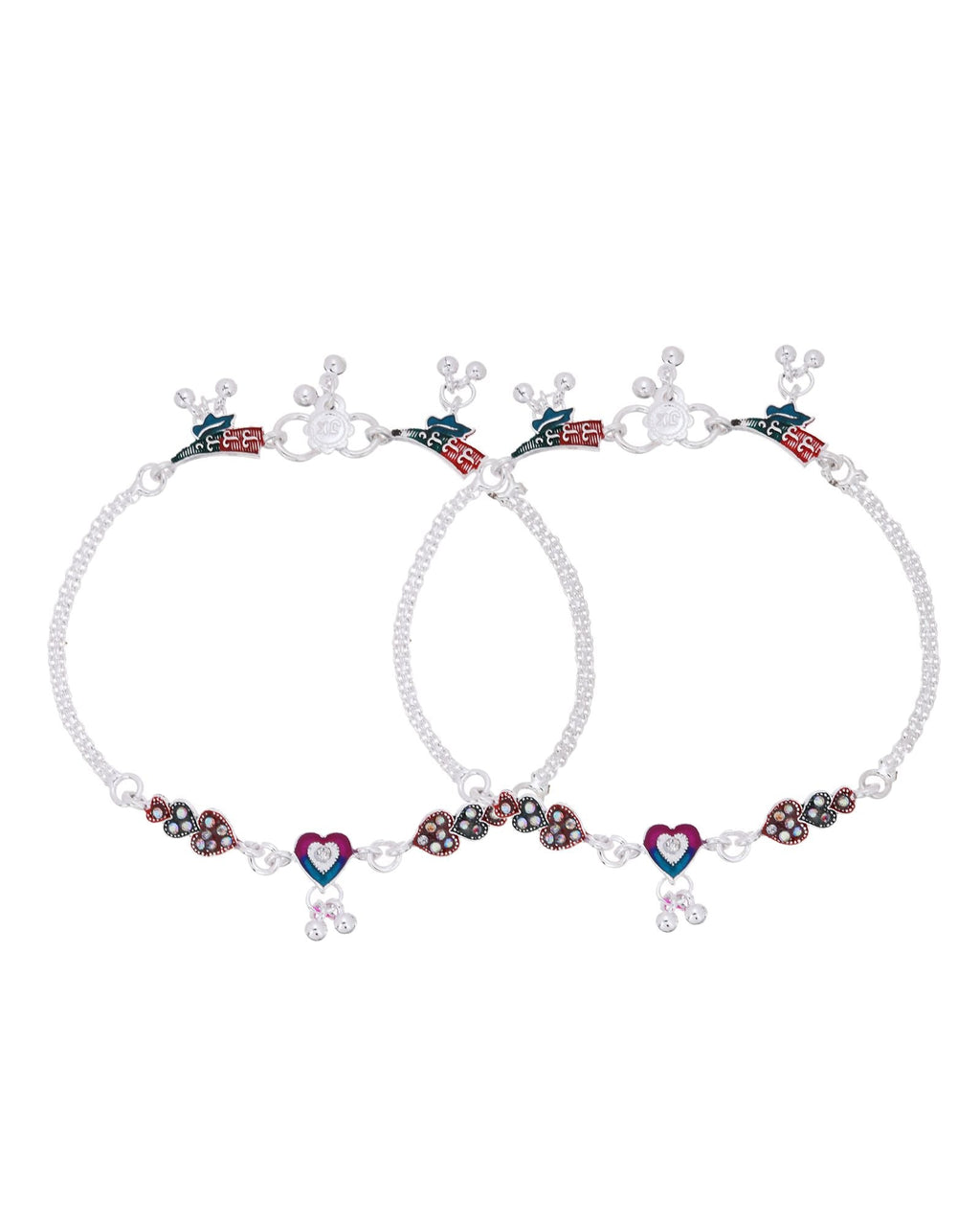 Jewels Nest Celebration Heart Silver Anklet With Enamel Accents And Twin Bell Charm