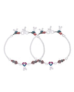 Jewels Nest Celebration Heart Silver Anklet With Enamel Accents And Twin Bell Charm