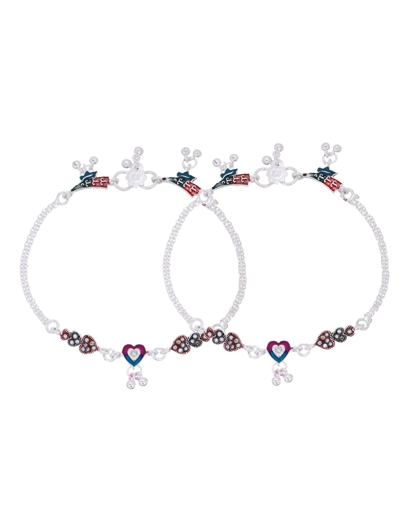 Jewels Nest Celebration Heart Silver Anklet With Enamel Accents And Twin Bell Charm