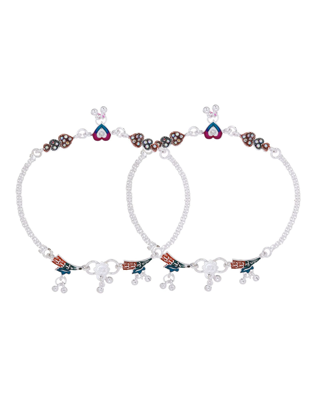 Jewels Nest Celebration Heart Silver Anklet With Enamel Accents And Twin Bell Charm