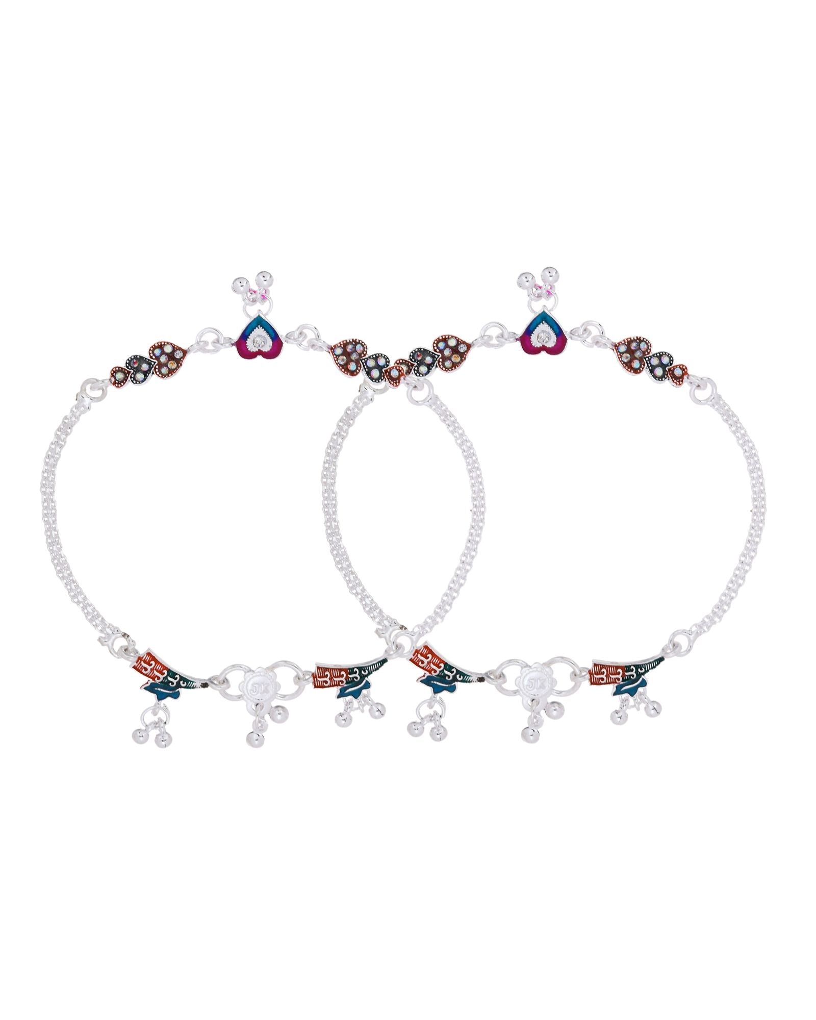 Jewels Nest Celebration Heart Silver Anklet With Enamel Accents And Twin Bell Charm
