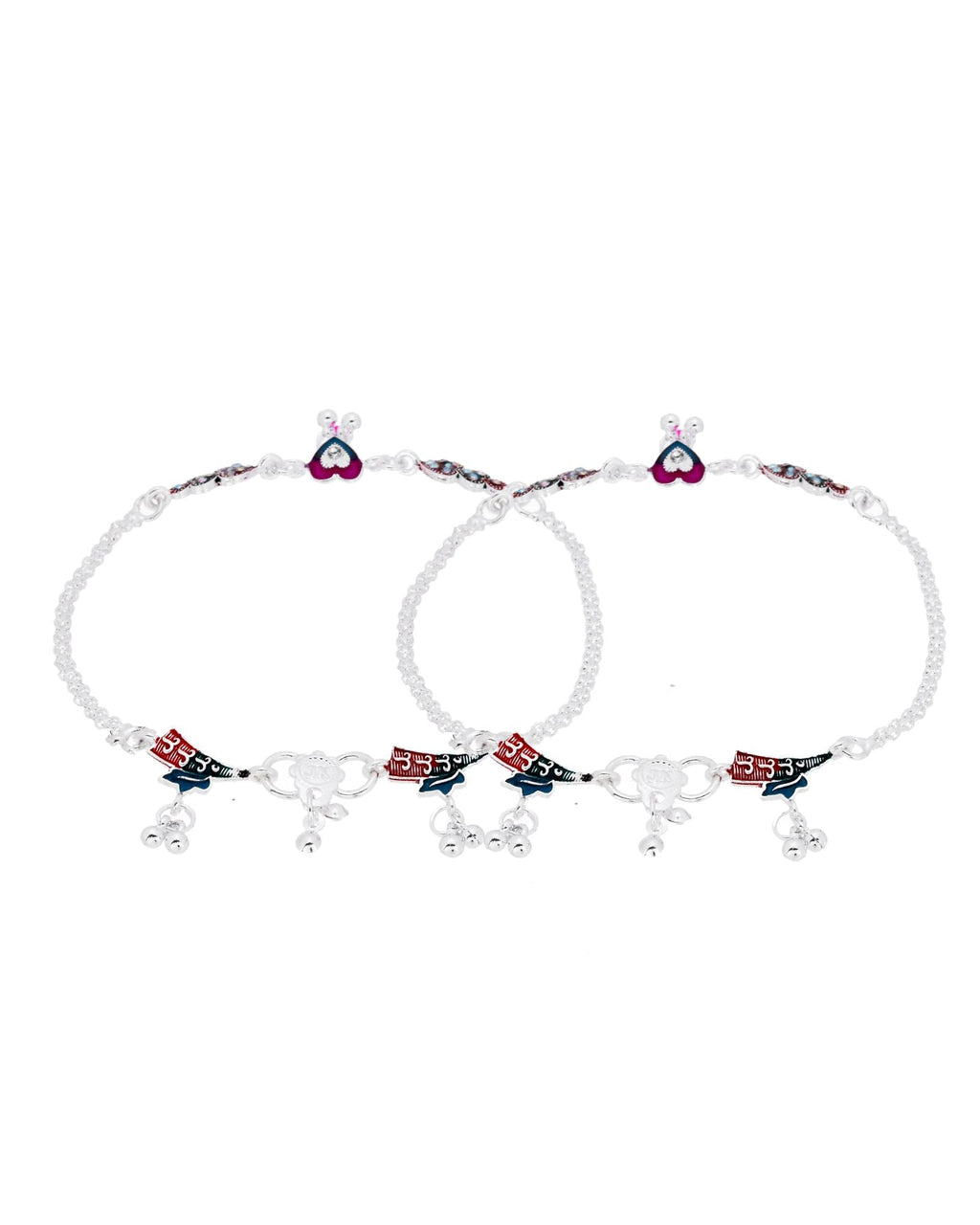 Jewels Nest Celebration Heart Silver Anklet With Enamel Accents And Twin Bell Charm