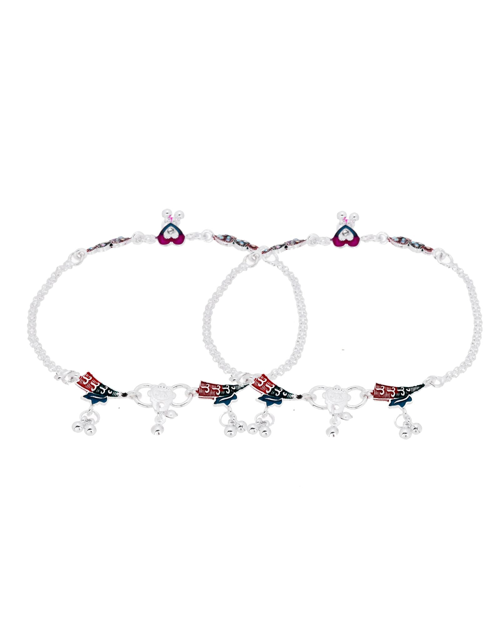 Jewels Nest Celebration Heart Silver Anklet With Enamel Accents And Twin Bell Charm