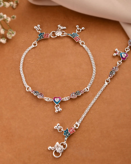 Jewels Nest Celebration Heart Silver Anklet With Enamel Accents And Twin Bell Charm