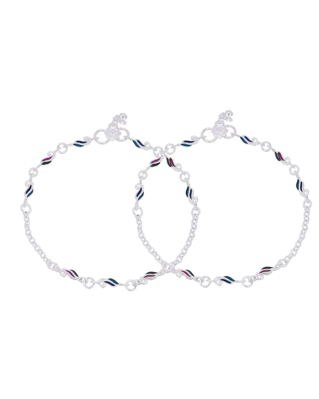 Jewels Nest Graceflow Silver Anklet With Multi Color Enamel Wave Links And Bell Finish