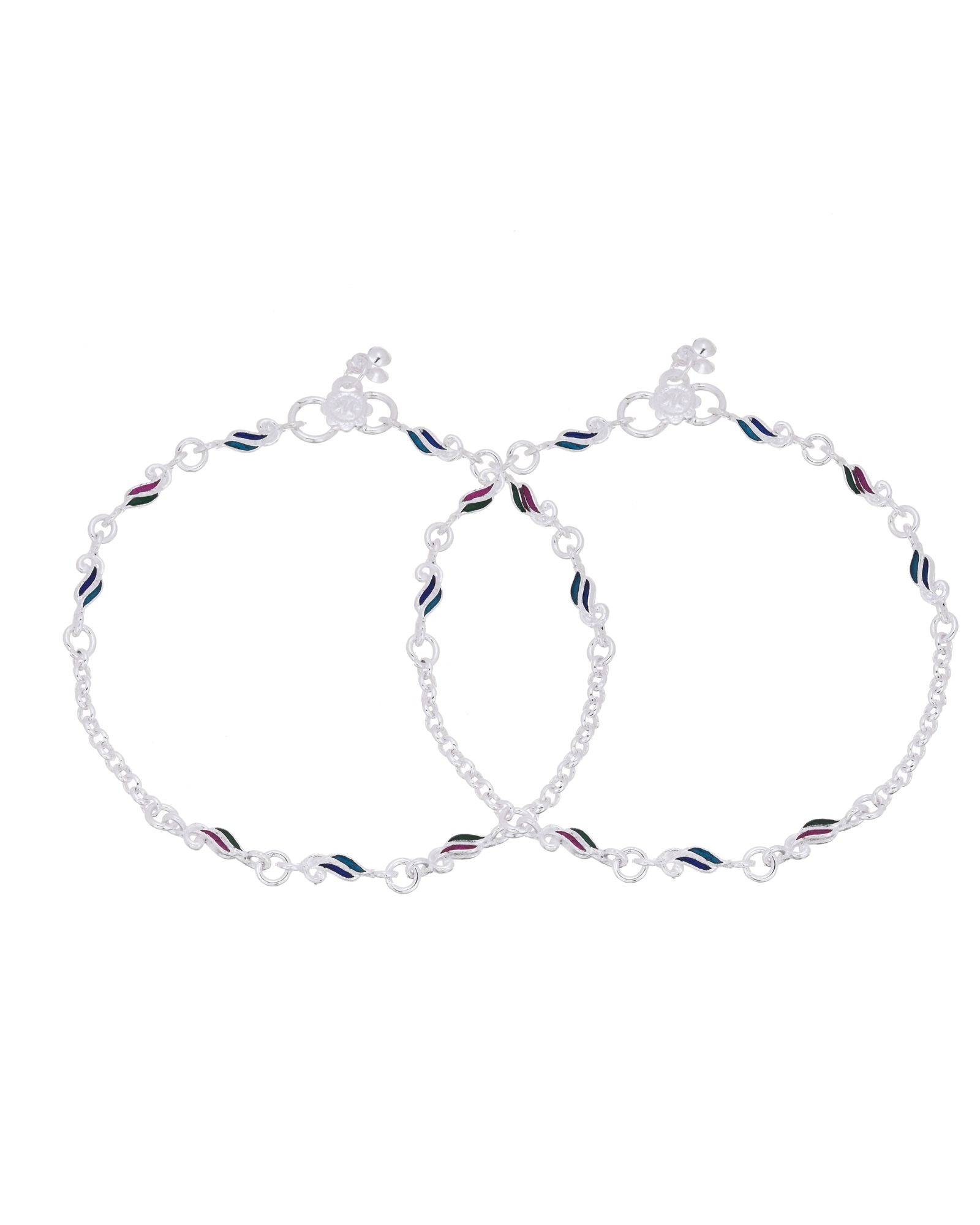 Jewels Nest Graceflow Silver Anklet With Multi Color Enamel Wave Links And Bell Finish