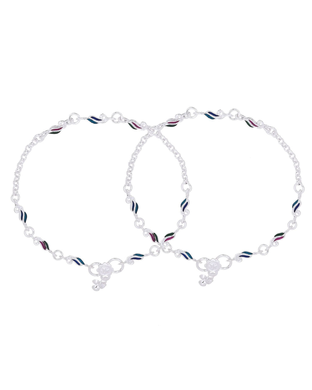 Jewels Nest Graceflow Silver Anklet With Multi Color Enamel Wave Links And Bell Finish