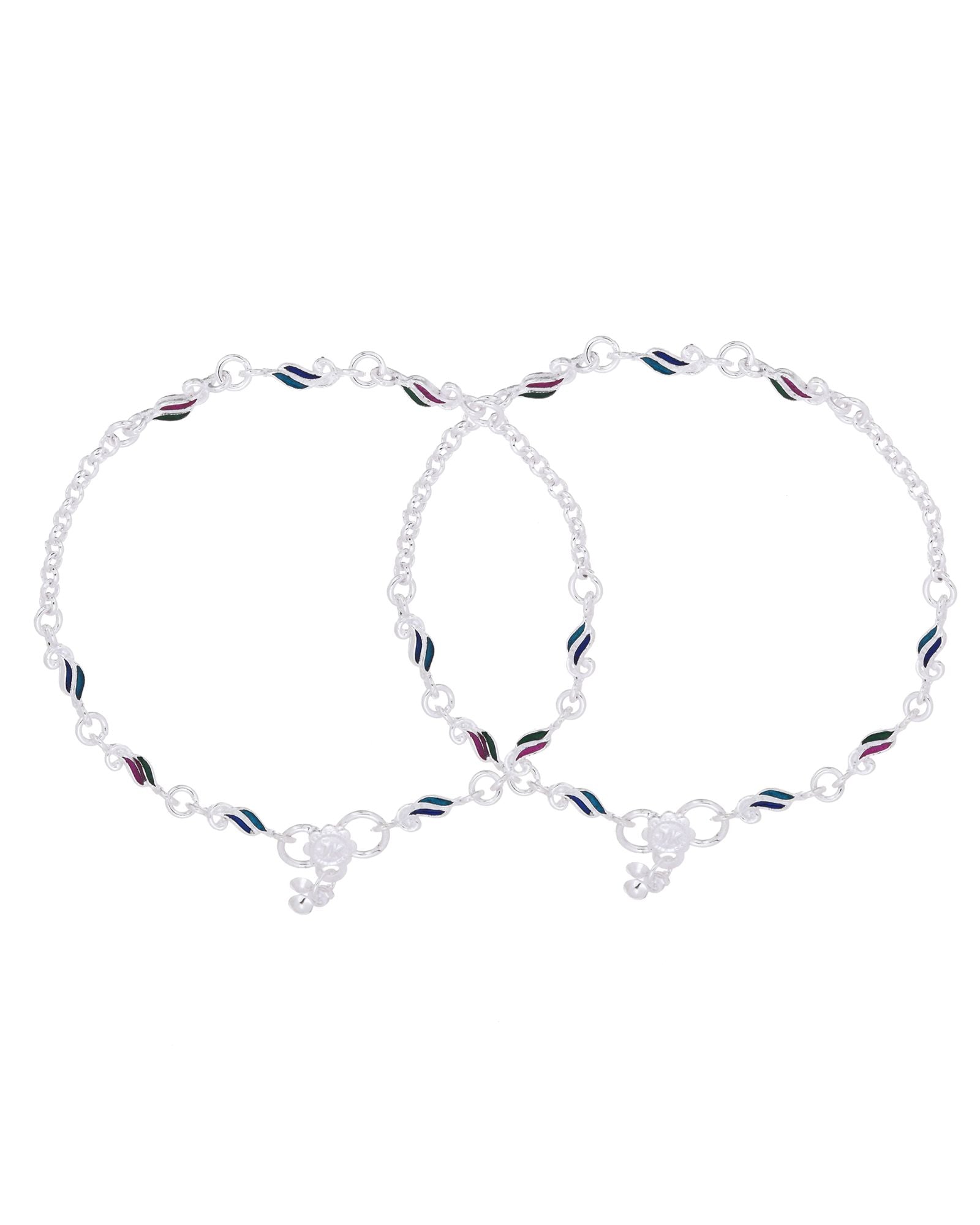 Jewels Nest Graceflow Silver Anklet With Multi Color Enamel Wave Links And Bell Finish