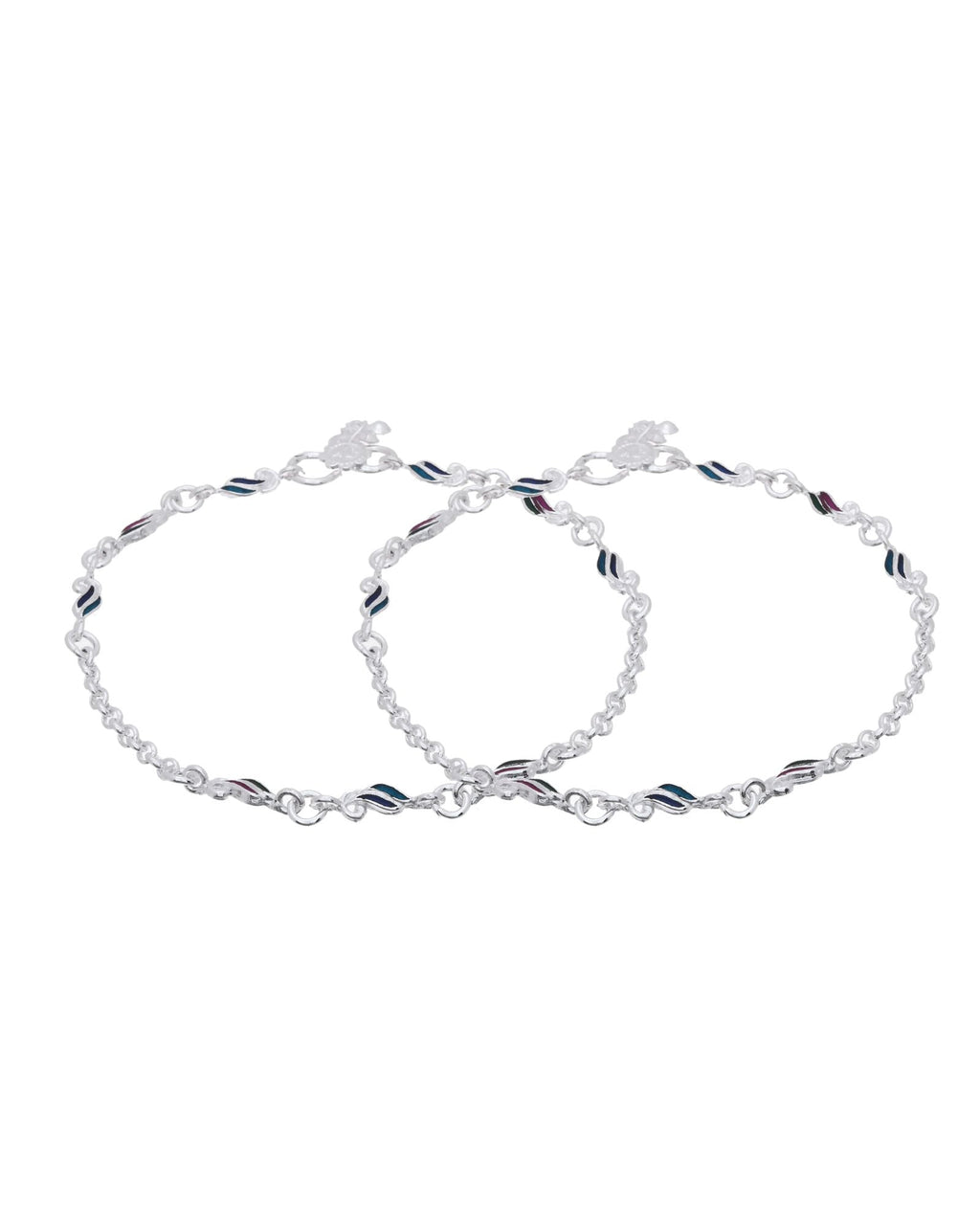 Jewels Nest Graceflow Silver Anklet With Multi Color Enamel Wave Links And Bell Finish