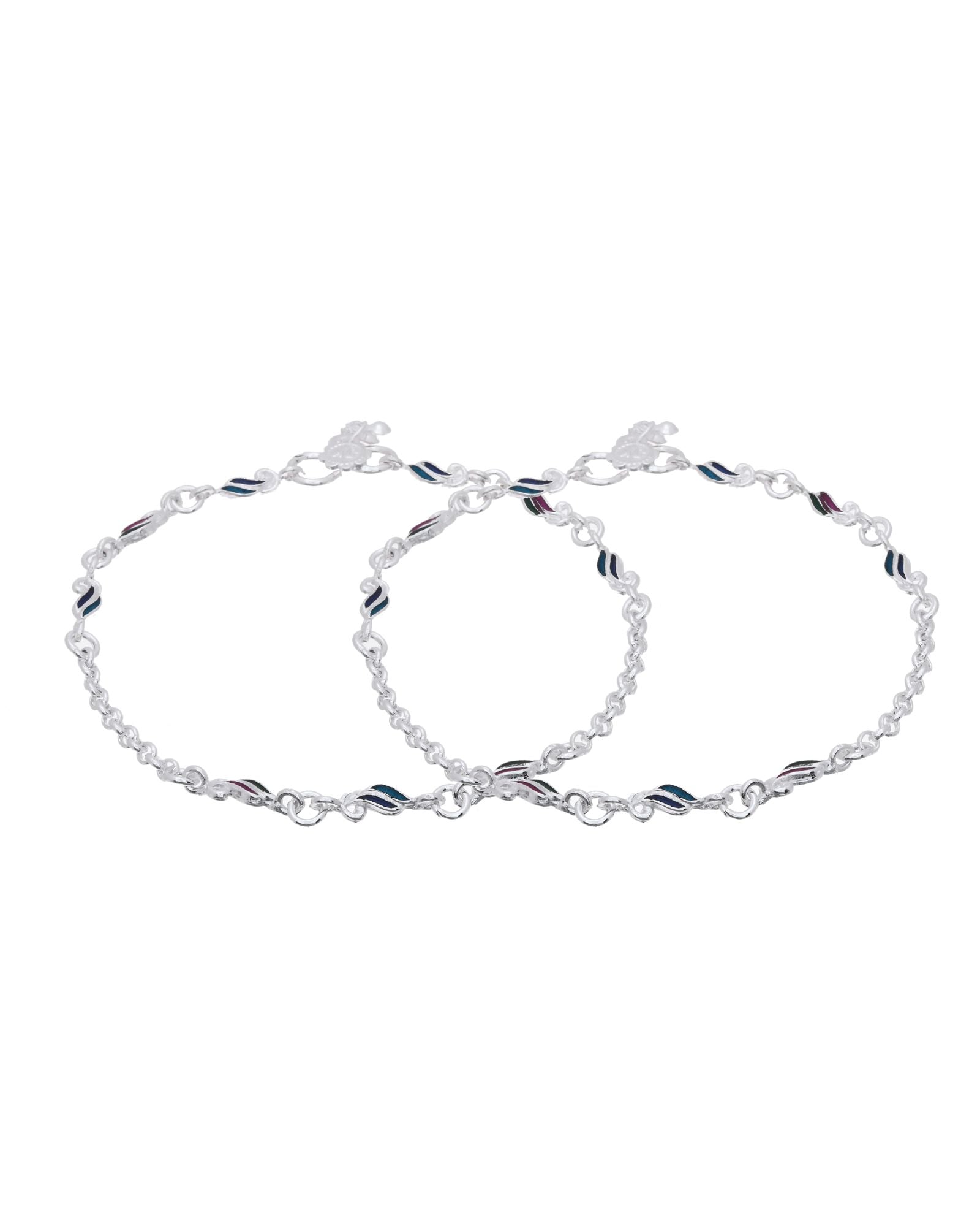 Jewels Nest Graceflow Silver Anklet With Multi Color Enamel Wave Links And Bell Finish