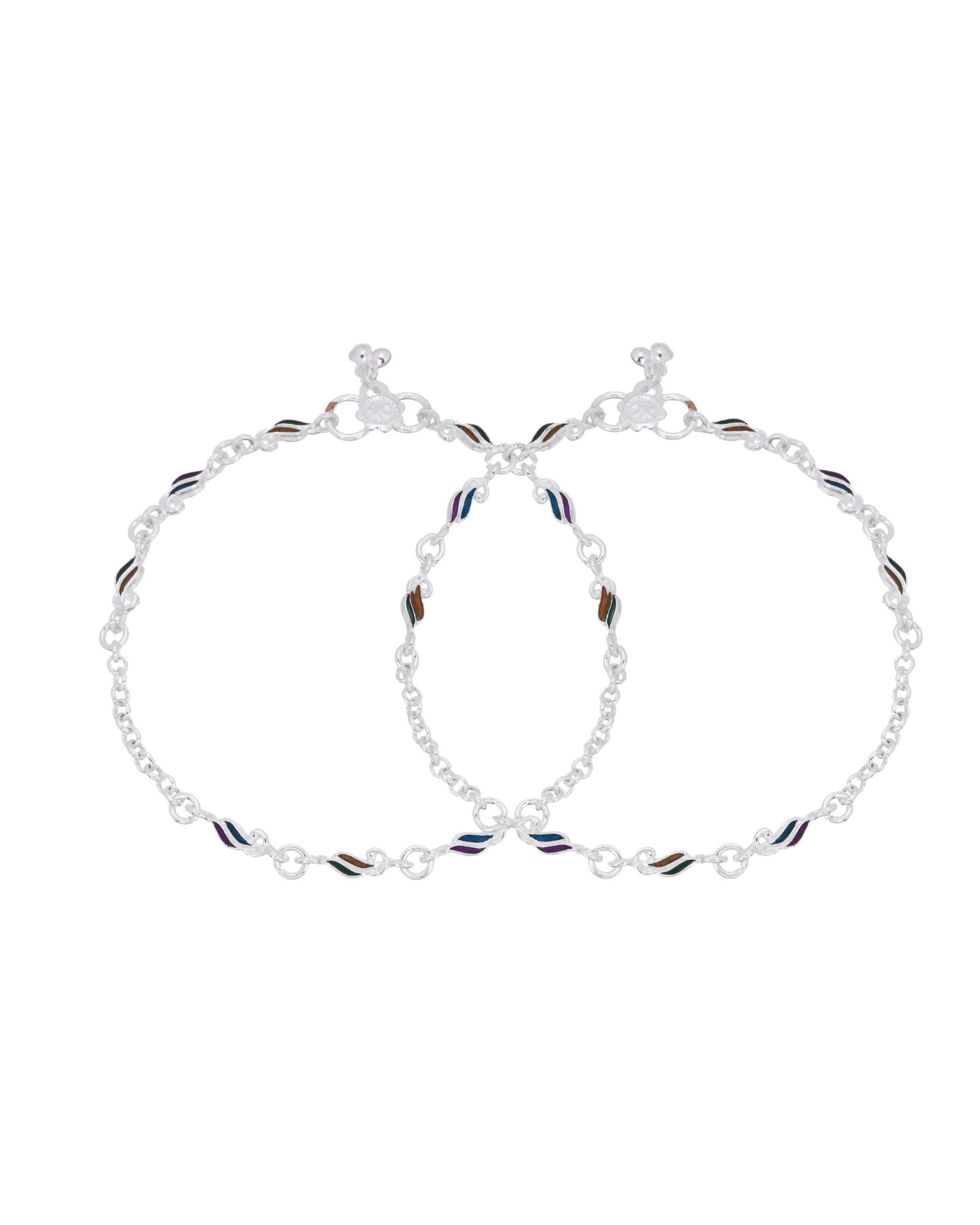 Jewels Nest Rippletone Silver Anklet With Multicolour Enamel Link Detailing And Floral Clasp