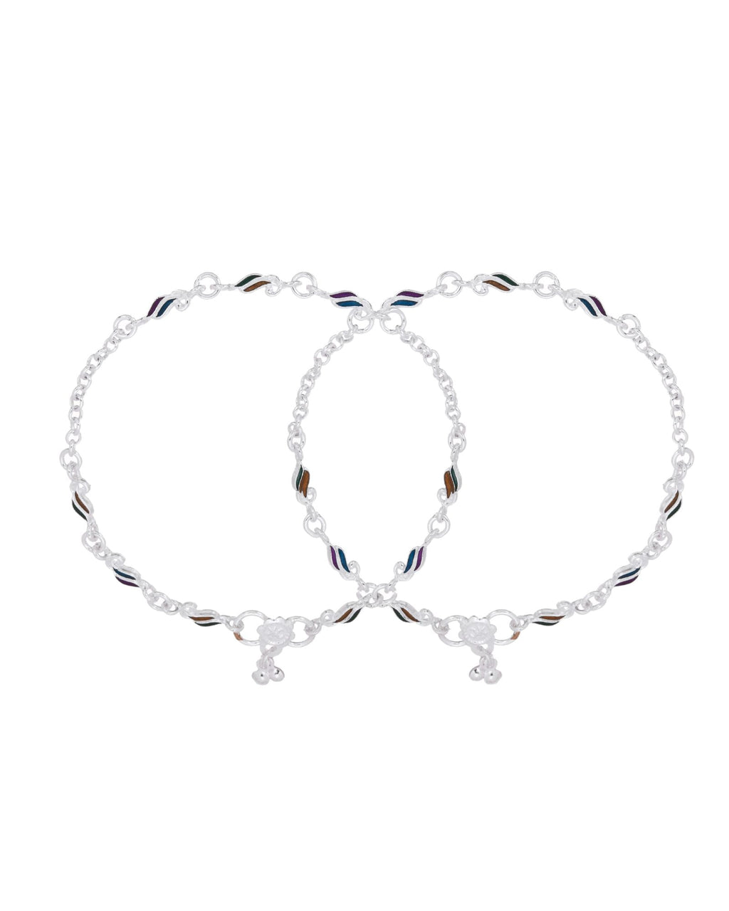 Jewels Nest Rippletone Silver Anklet With Multicolour Enamel Link Detailing And Floral Clasp