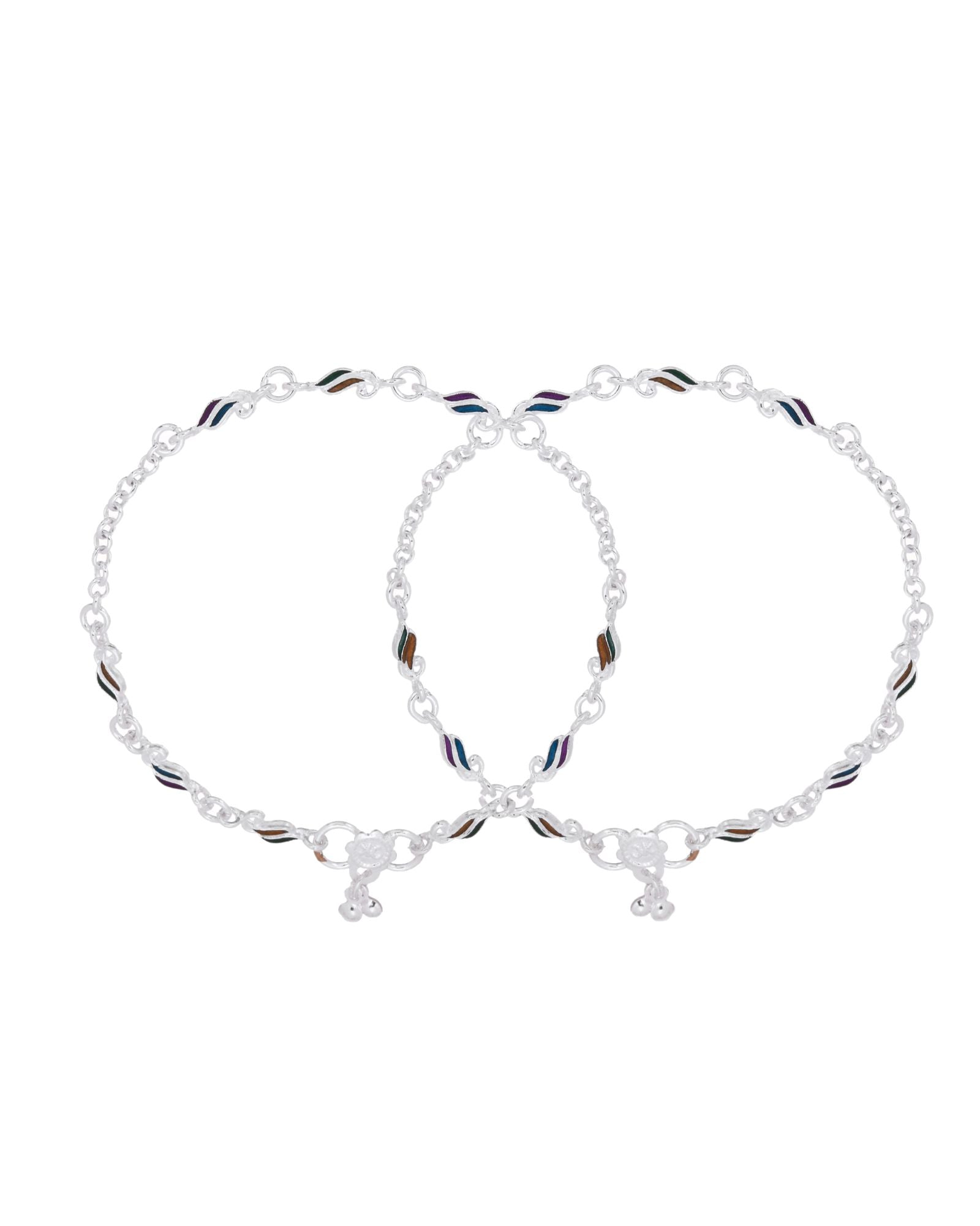 Jewels Nest Rippletone Silver Anklet With Multicolour Enamel Link Detailing And Floral Clasp