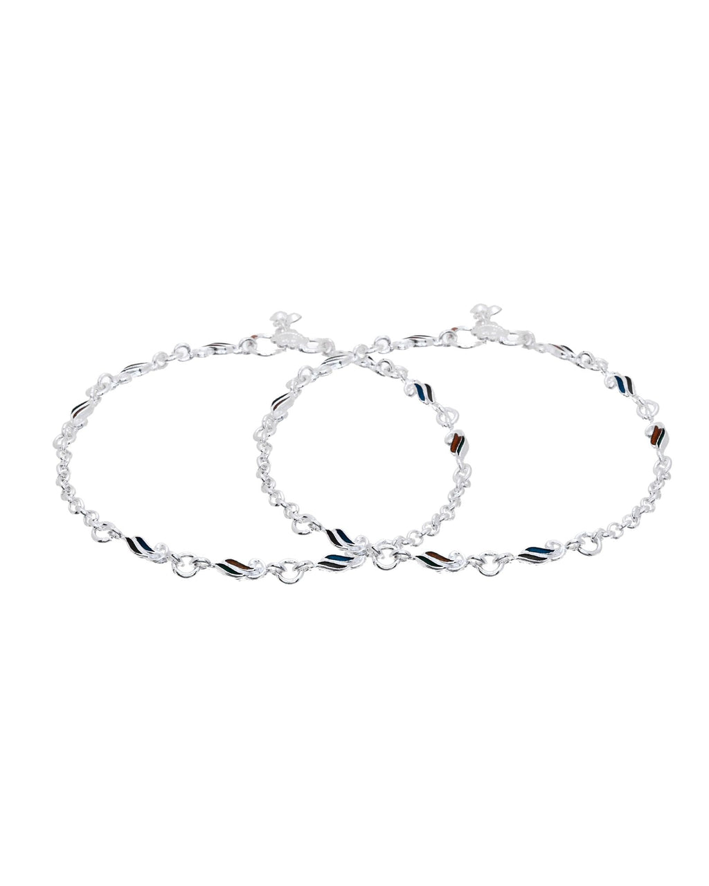 Jewels Nest Rippletone Silver Anklet With Multicolour Enamel Link Detailing And Floral Clasp