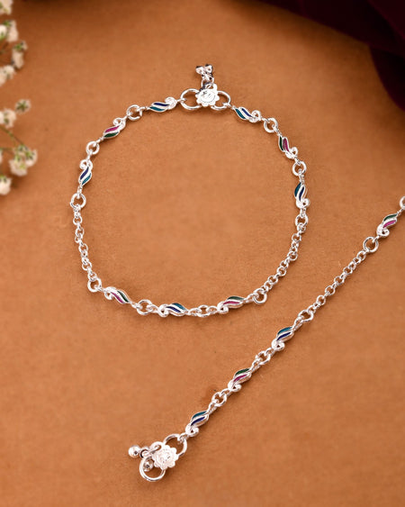 Jewels Nest Rippletone Silver Anklet With Multicolour Enamel Link Detailing And Floral Clasp
