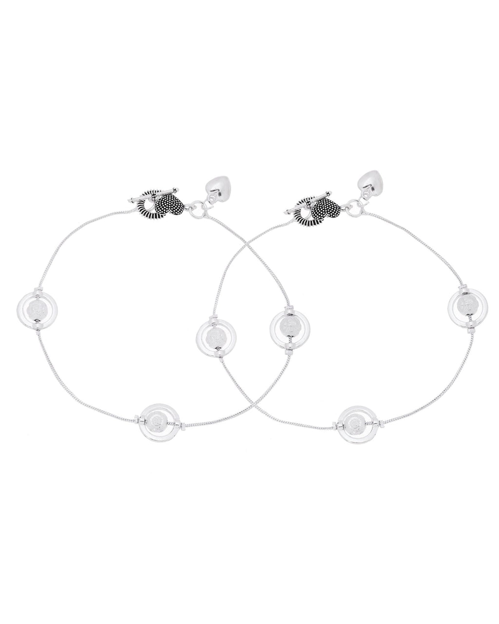 Jewels Nest Orbit Glow Silver Anklet With Circular Disc Accents And Heart Toggle Closure