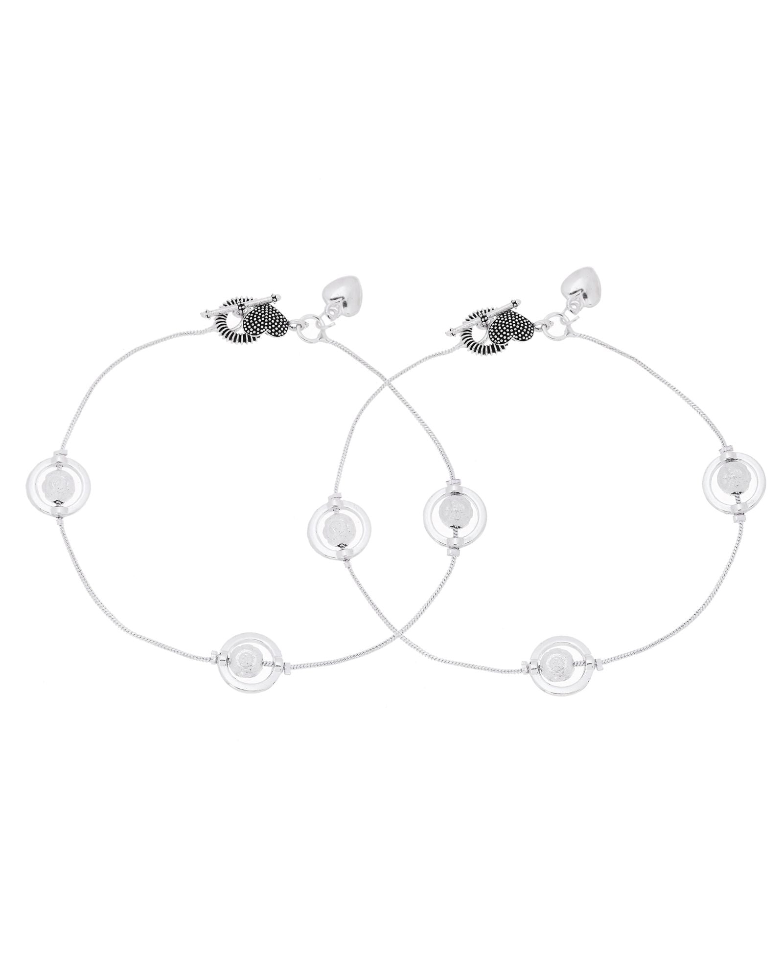 Jewels Nest Orbit Glow Silver Anklet With Circular Disc Accents And Heart Toggle Closure