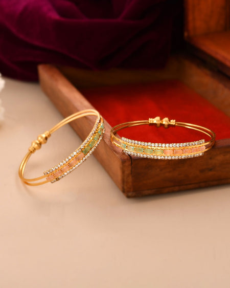 Jewels Nest Gold-Toned Dual Stone Crystal Detail Openable Bangles For Women