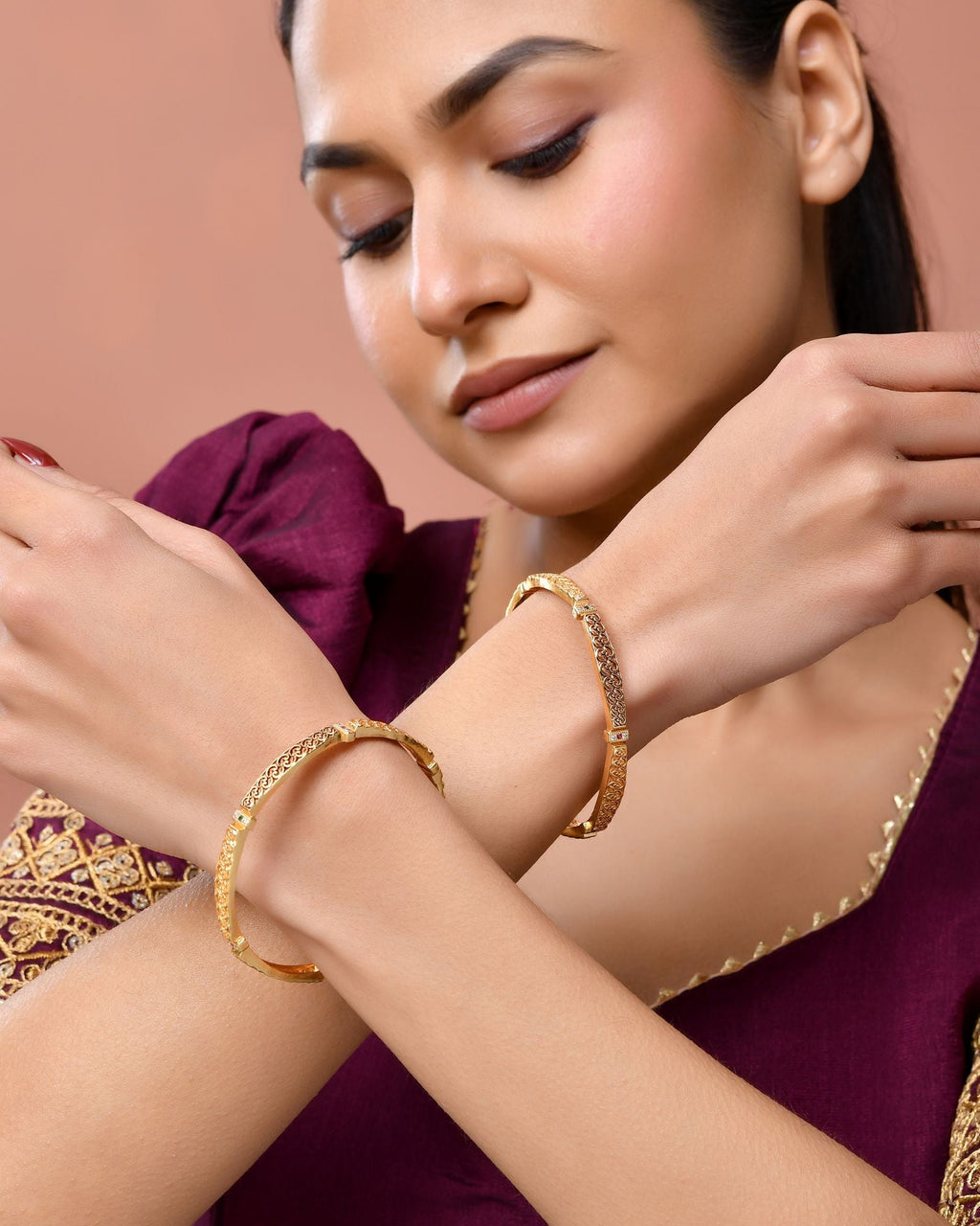 Jewels Nest Gold Finish Filigree Design Bangles For Women | Traditional Designer Pair - Distacart