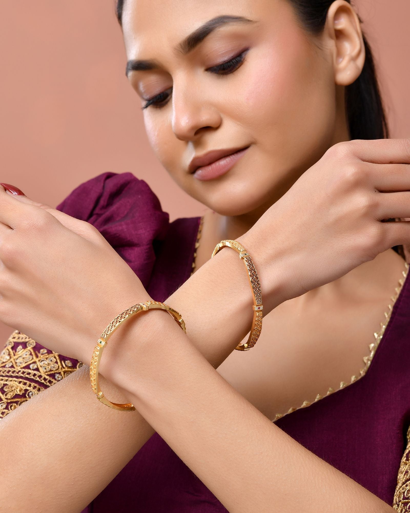 Jewels Nest Gold Finish Filigree Design Bangles For Women | Traditional Designer Pair - Distacart