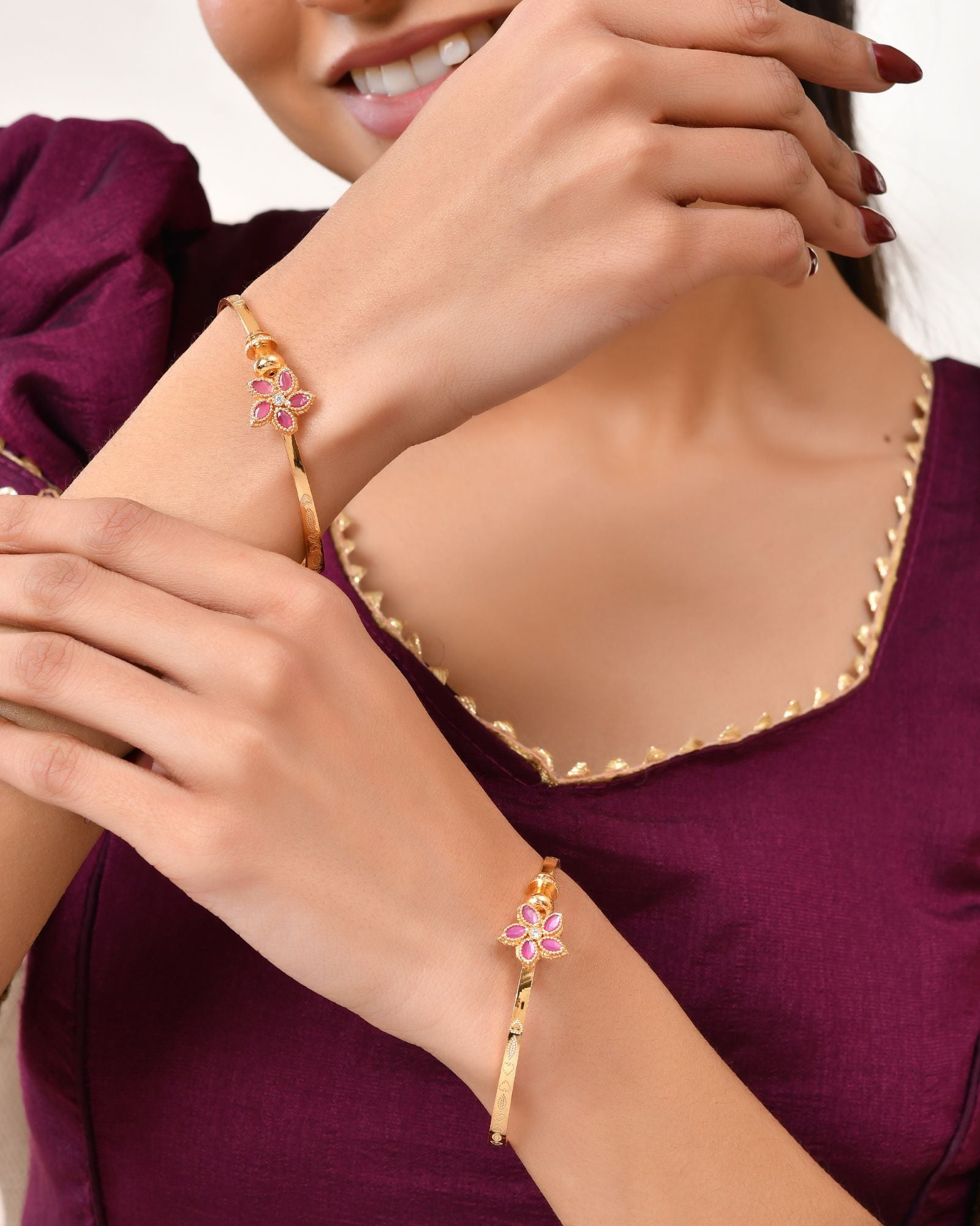 Jewels Nest Gold Finish Floral Stone Bangles For Women | Traditional Designer Pair