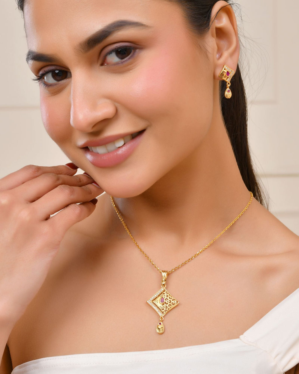 Jewels Nest Gold Finish Square Pendant Necklace Set With Stone Stud Earrings For Women