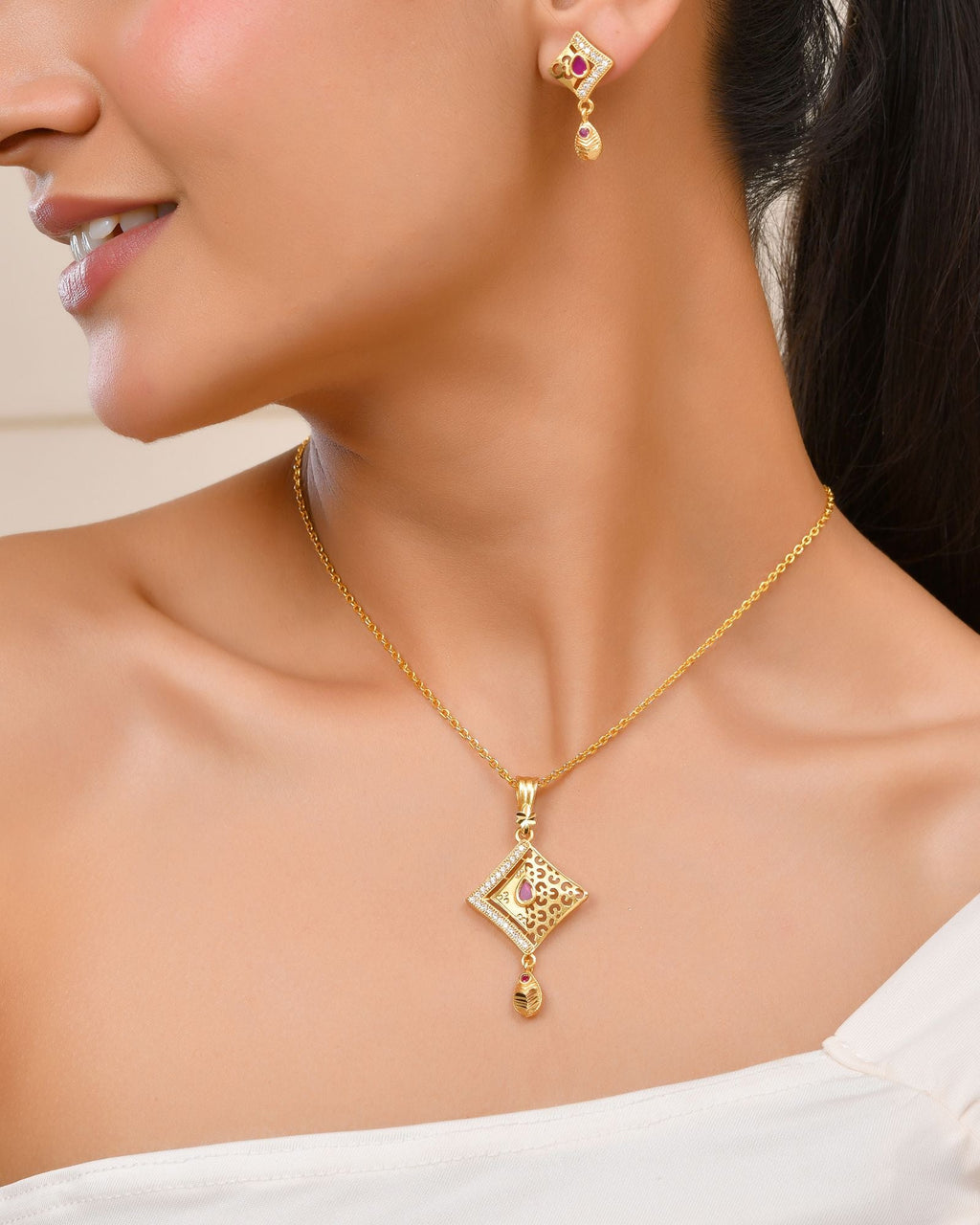 Jewels Nest Gold Finish Square Pendant Necklace Set With Stone Stud Earrings For Women
