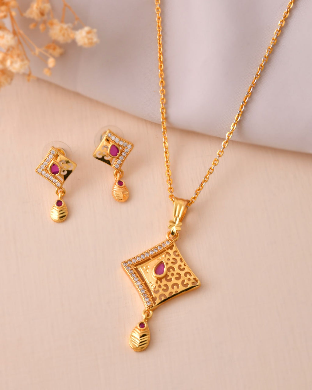 Jewels Nest Gold Finish Square Pendant Necklace Set With Stone Stud Earrings For Women
