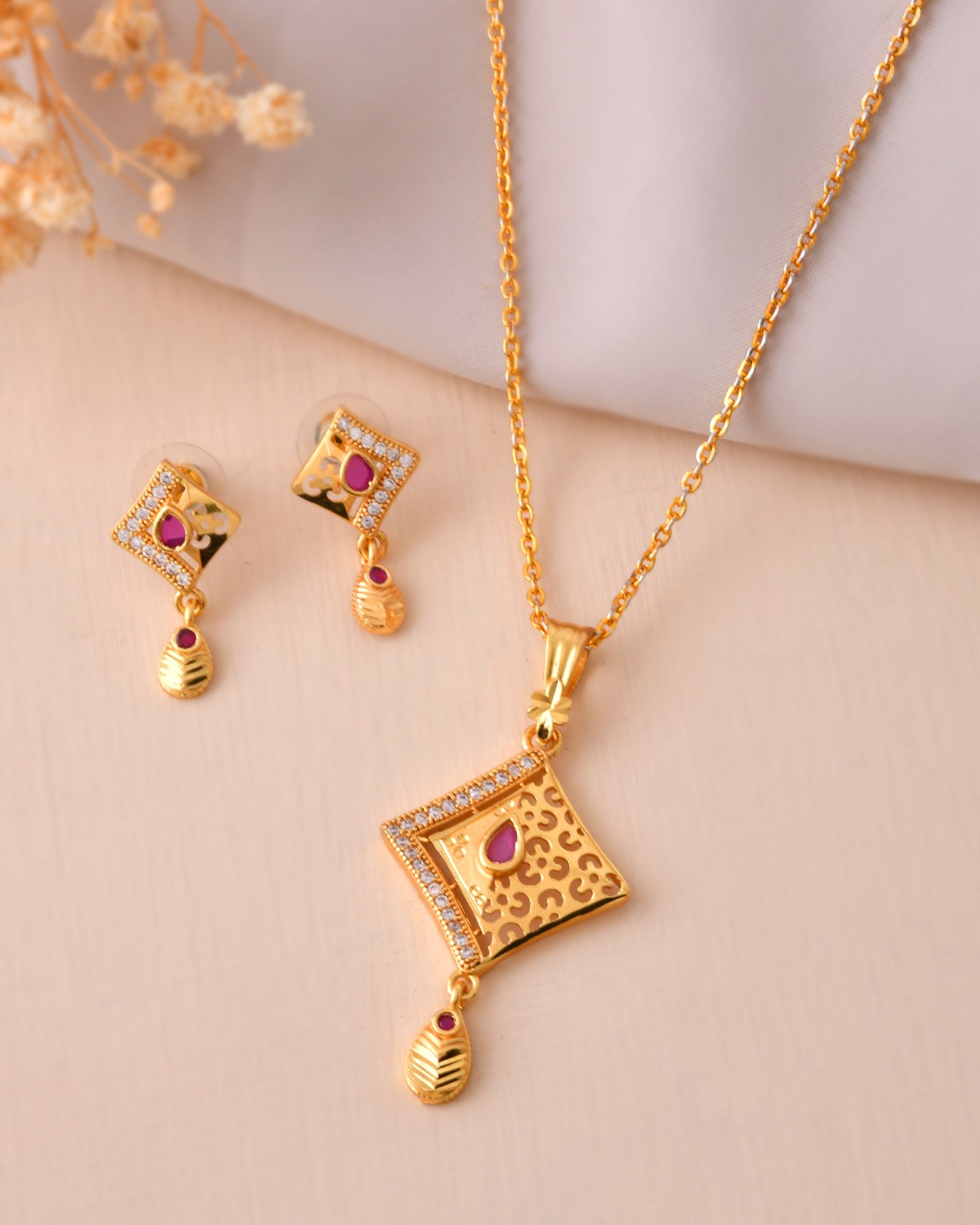 Jewels Nest Gold Finish Square Pendant Necklace Set With Stone Stud Earrings For Women