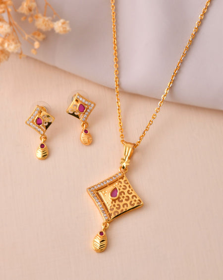 Jewels Nest Gold Finish Square Pendant Necklace Set With Stone Stud Earrings For Women