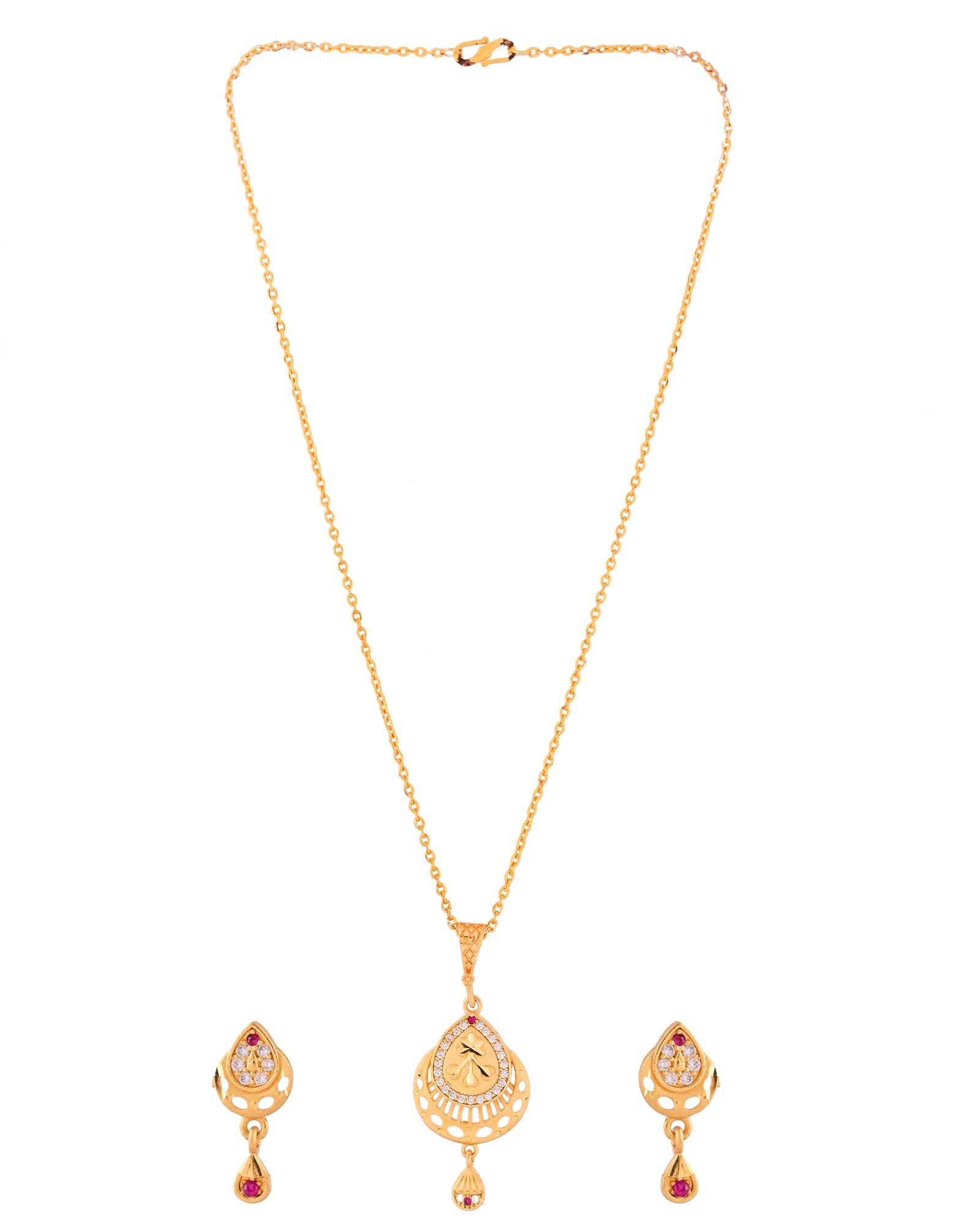 Jewels Nest Gold Finish Teardrop Pendant Necklace Set With Stone Stud Earrings For Women